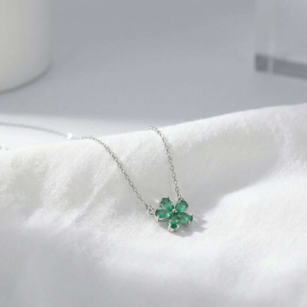 emerald green gemstone flower necklace sterling silver