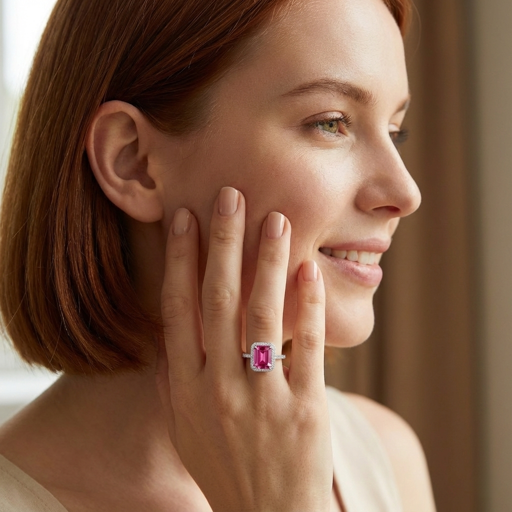 pink topaz emerald cut sterling silver ring