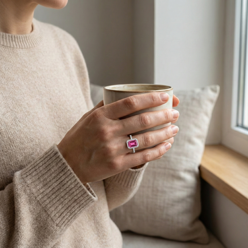 pink topaz emerald cut sterling silver ring