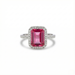 Pink topaz emerald cut ring in sterling silver S925