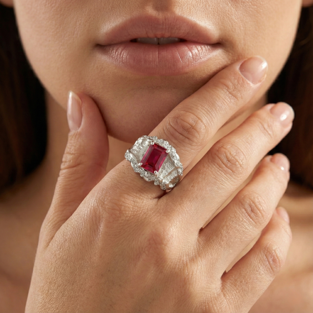 pink topaz emerald cut sculpted wide band ring in sterling silver