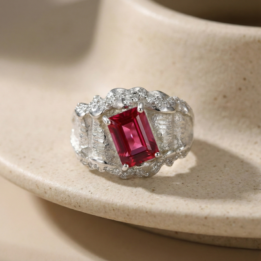 pink topaz emerald cut sculpted wide band ring in sterling silver