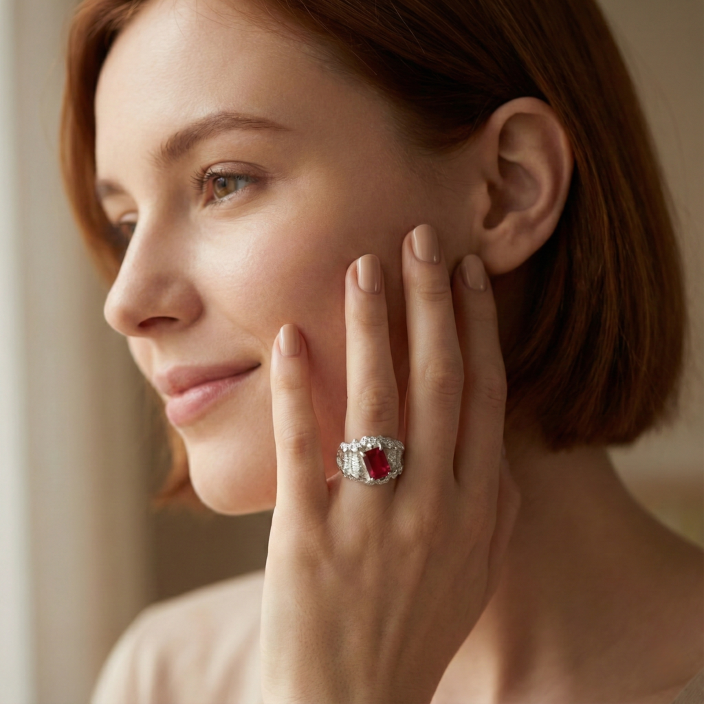 pink topaz emerald cut sculpted wide band ring in sterling silver