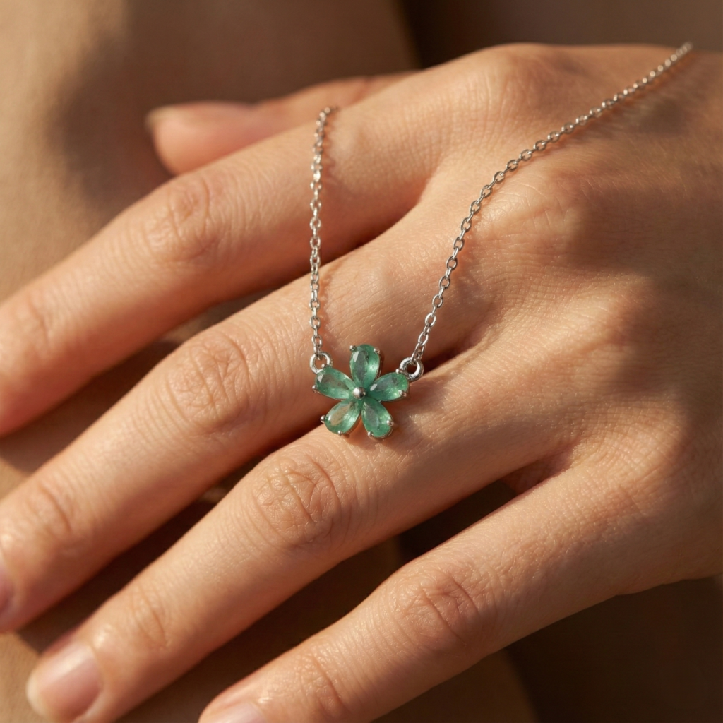 emerald flower necklace in sterling silver