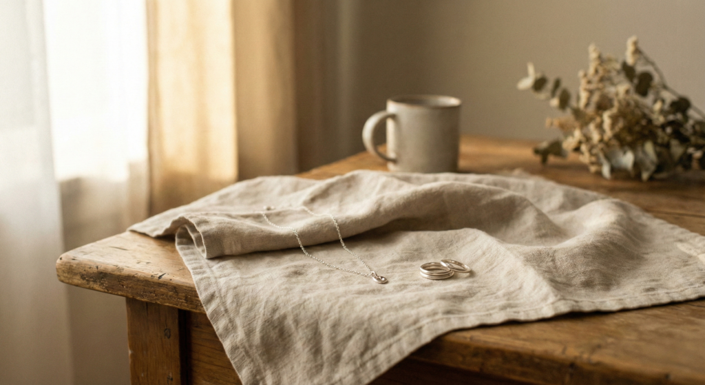 Minimalist sterling silver jewelry by Youmi Jewelry styled on natural linen