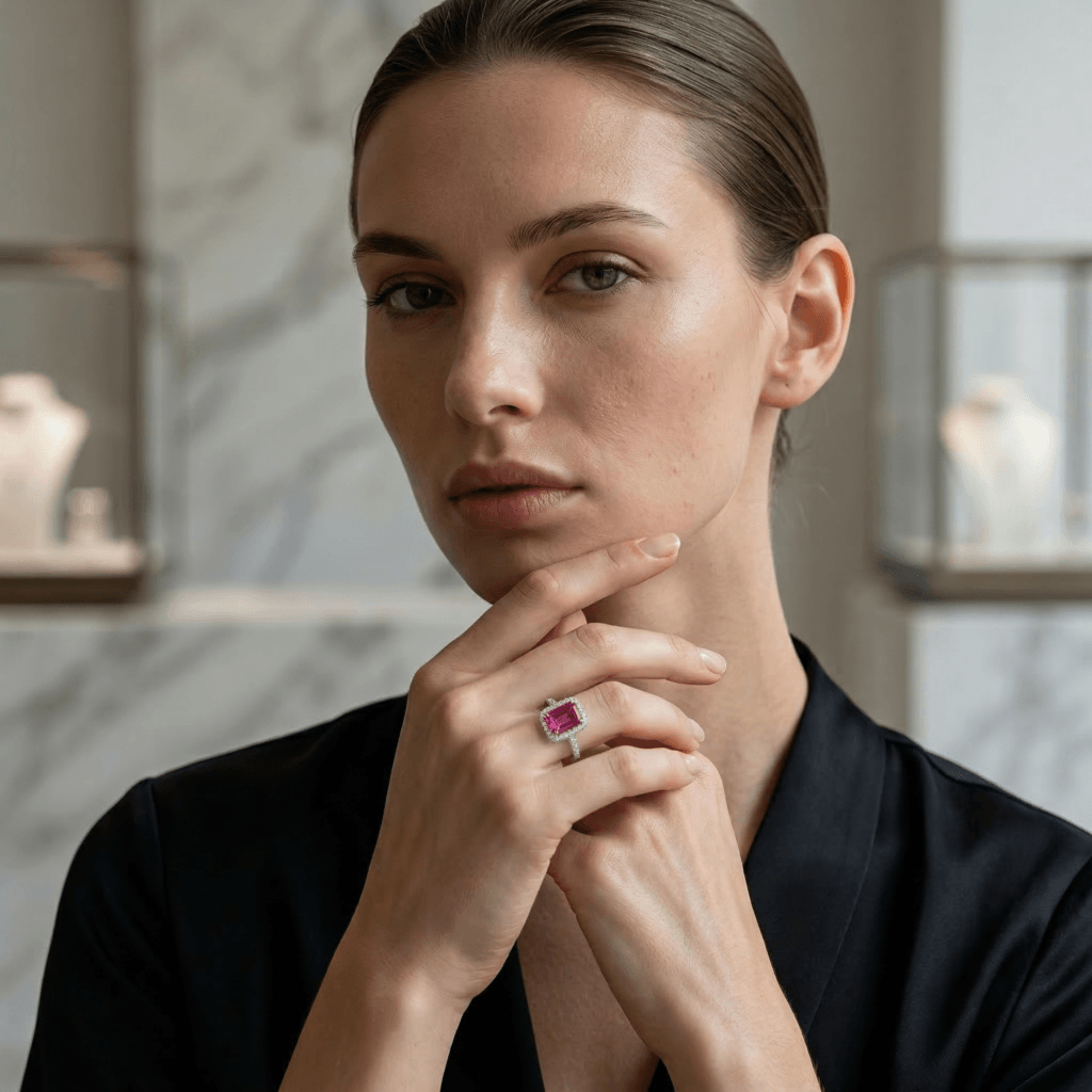 pink topaz emerald cut ring in sterling silver (s925)