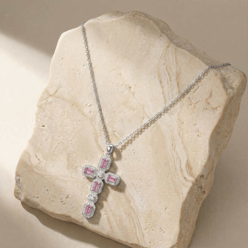 pink topaz cross pendant necklace in sterling silver