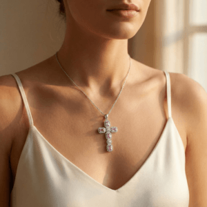 pink topaz cross pendant necklace in sterling silver