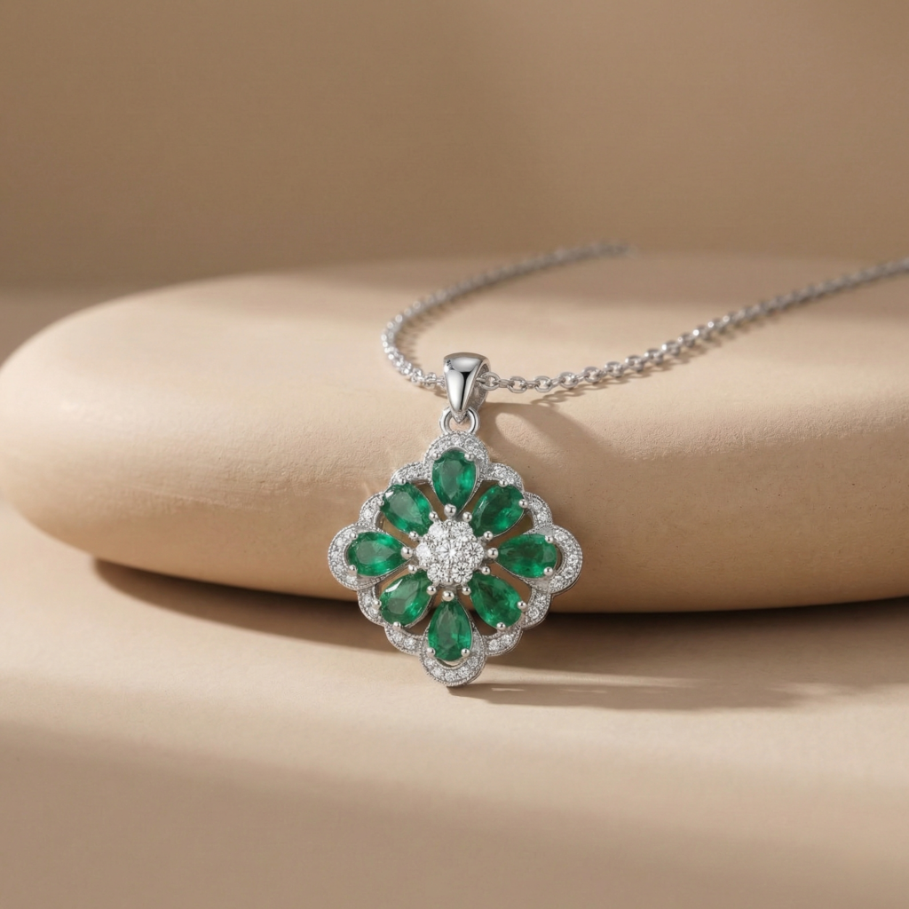 emerald clover pendant necklace in s925 sterling silver