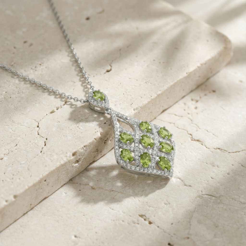peridot geometric drop necklace in sterling silver