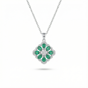Natural emerald floral pendant necklace crafted in S925 sterling silver on a clean background