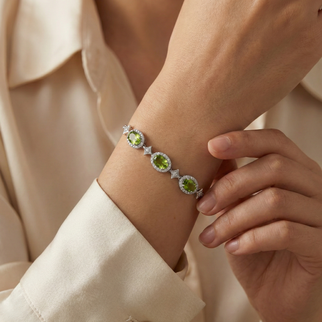 peridot halo bracelet in s925 sterling silver