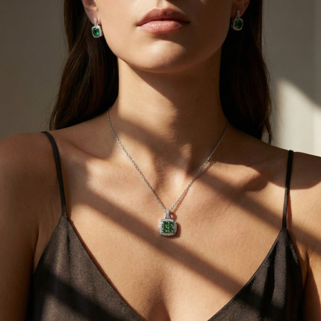 green diopside cluster pendant necklace in sterling silver