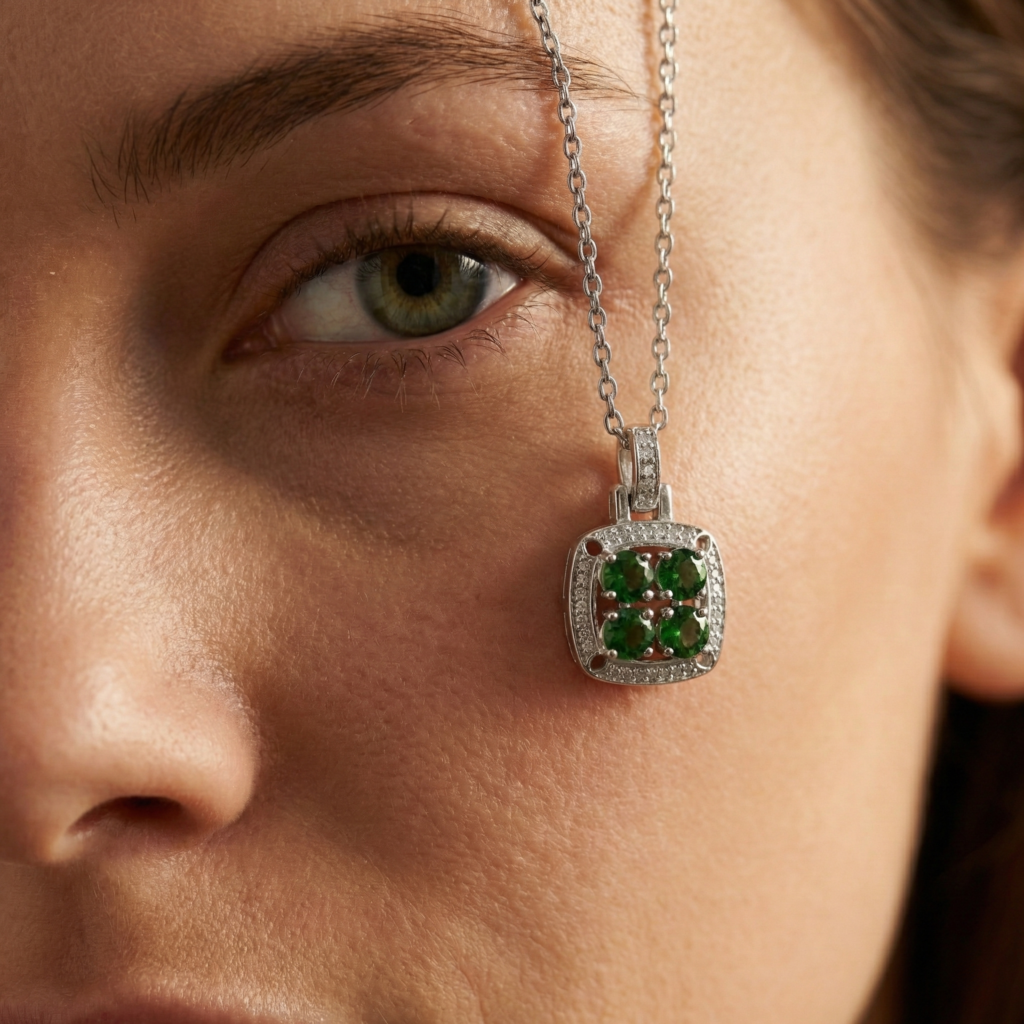 green diopside cluster pendant necklace in sterling silver