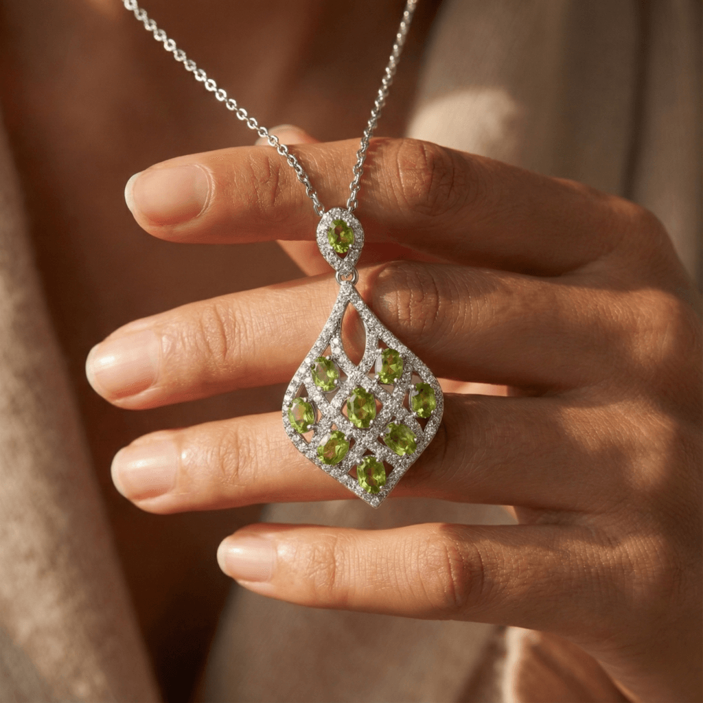 peridot geometric drop necklace in sterling silver