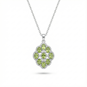 Peridot cluster necklace in S925 sterling silver with natural green gemstones