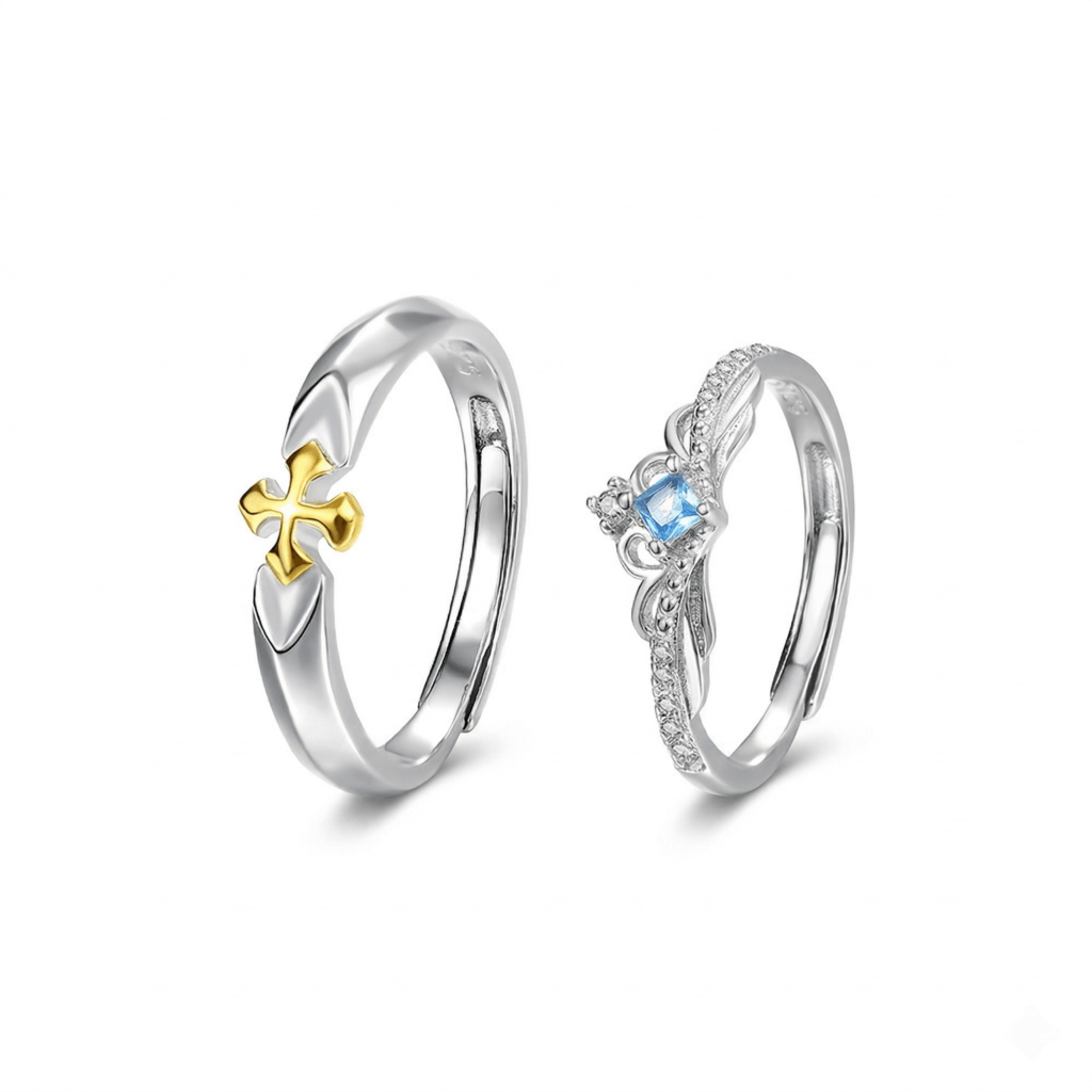 adjustable silver ring with cross and blue cubic zirconia