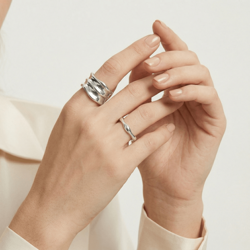 irregular wrinkle ring set – s925 silver adjustable minimalist rings