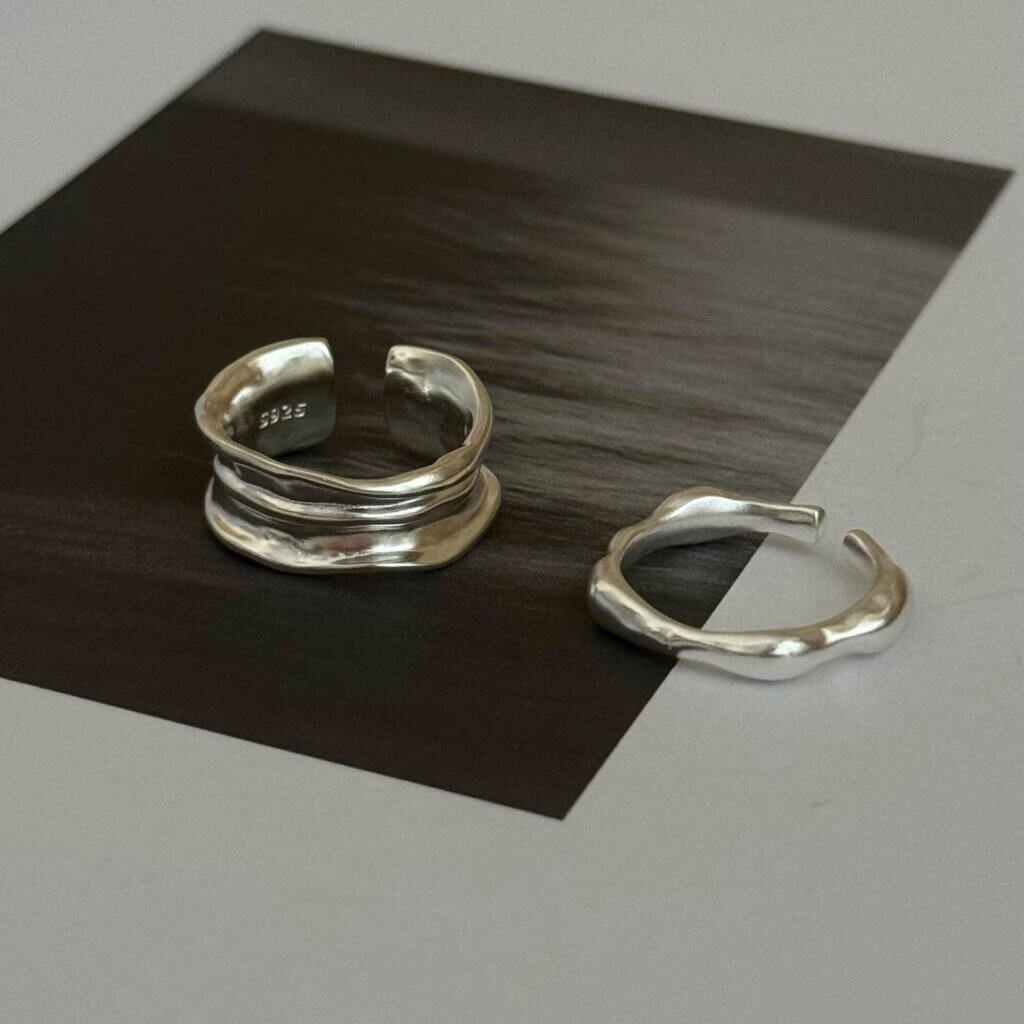 irregular wrinkle ring set – s925 silver adjustable minimalist rings